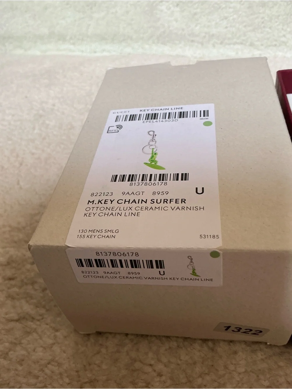 NEW IN BOX GUCCI NEON GREEN CERAMIC SILVER SURFER KEYCHAIN KEY RING FOB